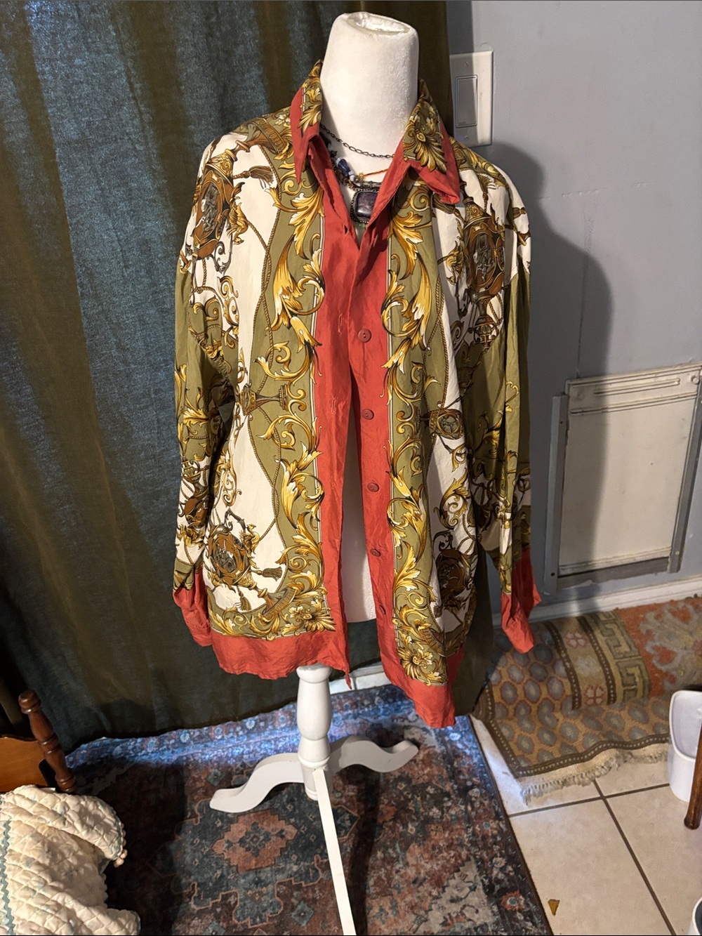 Ornate Print Button-Up Blouse in Olive, Cream & Rust